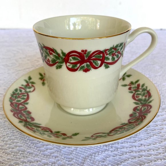 CENTURION Ribbon Holly Footed Cup & Saucer Set-Holly & Red Ribbon Rim, Gold Trim - Picture 1 of 2